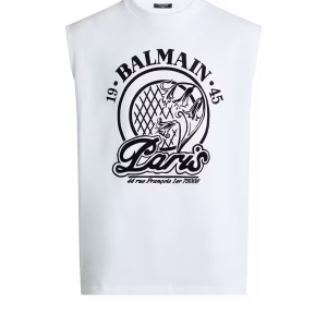 Balmain Paris Sleeveless Graphic T-Shirt  Elevate your casual wardrobe with this premium white sleeveless T-shirt from Balmain Paris. Designed with a bold black logo print and signature Paris-inspired artwork, it combines luxury fashion with modern streetwear aesthetics. The clean white base and relaxed sleeveless cut make it ideal for warm weather and effortless styling.