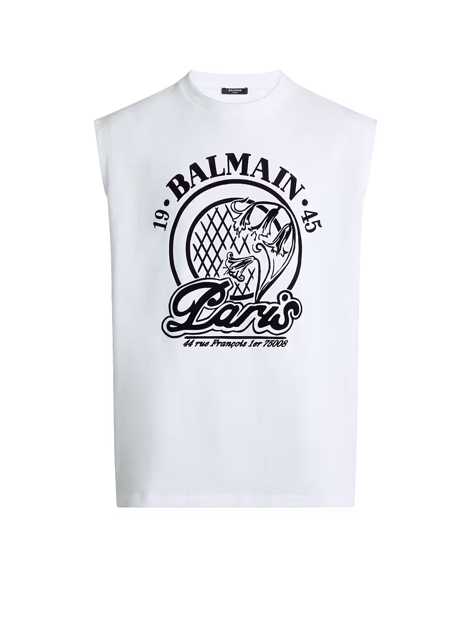 Balmain Paris Sleeveless Graphic T-Shirt Elevate your casual wardrobe with this premium white sleeveless T-shirt from Balmain Paris. Designed with a bold black logo print and signature Paris-inspired artwork, it combines luxury fashion with modern streetwear aesthetics. The clean white base and relaxed sleeveless cut make it ideal for warm weather and effortless styling.